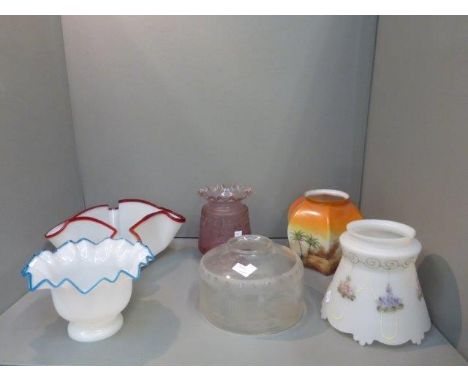 Yesterday's World Museum Pharmacy -an Edwardian etched cranberry glass oil lamp shade and five others. 