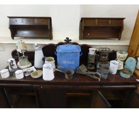 Yesterday's World Museum Ironmongers - an early hand operated kitchen mixer, a blue enamel bread bin, assorted other enamel j