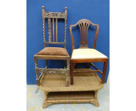 A George III mahogany dining chair, one other, a rattan conservatory table, two slate clock cases and a Lloyd Loom chair. 