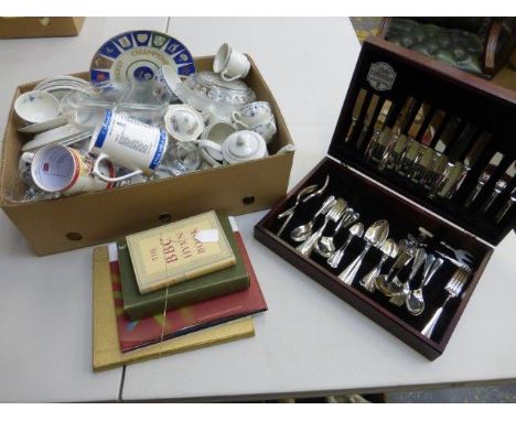 A cased part canteen of cutlery, a box of assorted tea and coffee sets, two ceramic commemorative cricket tankards and a cric