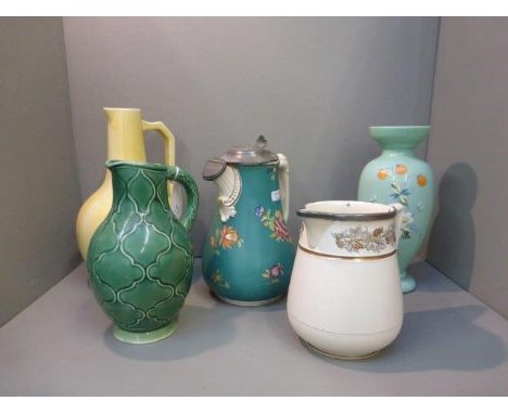 A pottery jug with impressed mark Lear and three others including New Hall, Clyde etc. also an opaque glass vase.