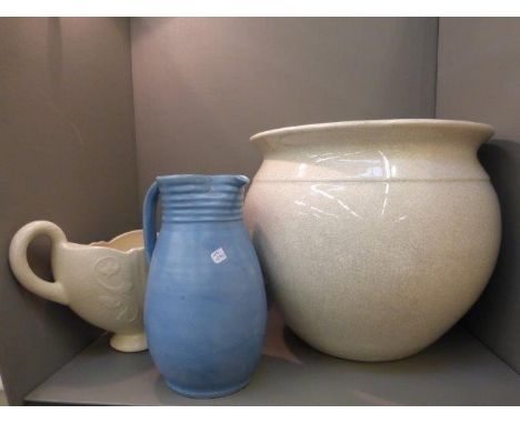 A large ceramic jardiniere, a twin handled posy vase and a studio pottery jug.