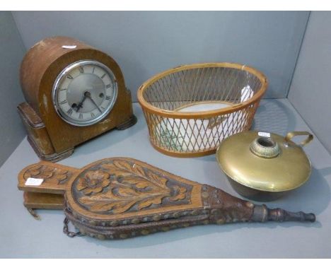 A pair of carved oak bellows, an Enfield oak cased mantle clock etc. 