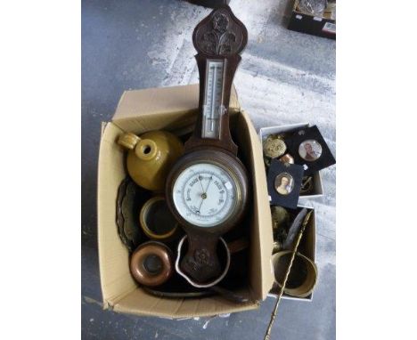 An assortment of stoneware storage jars, copper and brassware, miniature prints, miniature copper and brass collectables incl