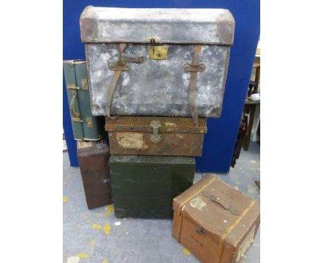 A large Victorian painted pine trunk and a selection of assorted luggage. 