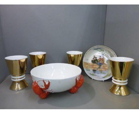 A Carltonware lobster bowl, a Royal Doulton 'The Gallant Fishers' bowl and four gilt Royal Worcester goblets. 