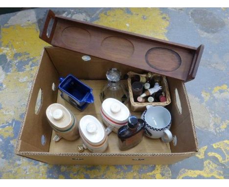 A box of assorted breweriana, an Art Deco style decanter, miniatures etc.  