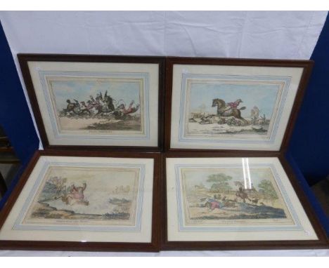 A set of four framed and glazed comical hunting prints 'Hounds in Full Cry', 'Hounds Throwing Off', and 'Coming in at the Dea