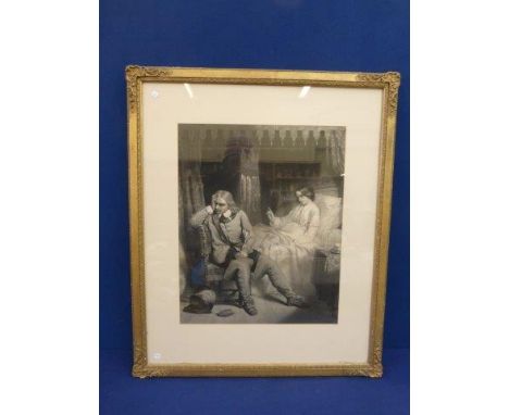 A 19th Century gilt framed black and white lithograph depicting a 17th Century scene, titled 'Woman in bed scalding a man'.