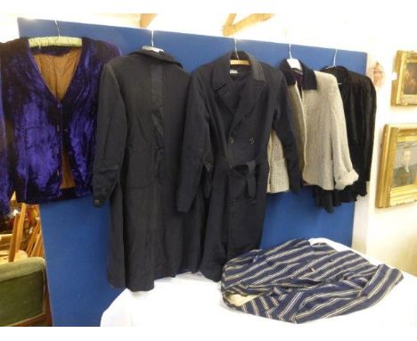 A quantity of coats to include a Harrods school coat, a purple velvet ladies evening jacket, a gentleman's Aqua-Mer striped s