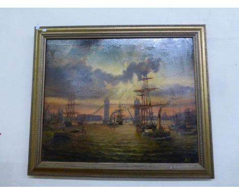R. EVANS - oil on canvas depicting an early 20th Century Thames boating scene with the Houses of Parliament 75 x 50cm and one