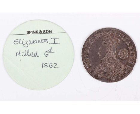 An Elizabeth I hammered silver sixpence, milled issue, dated 1562, large rose, decorated dress, mintmark star, Sp 2595 (extre