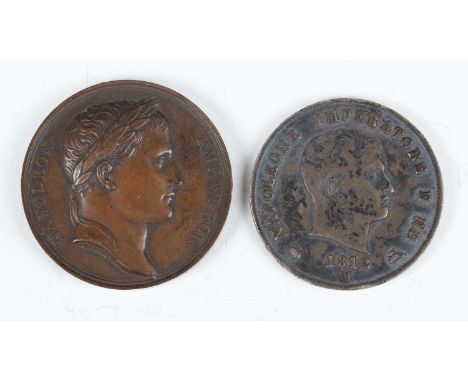 An Italy Napoleon I silver five lire 1812, Milan Mint, together with a Napoleon I bronze commemorative medal celebrating the 