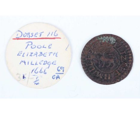 A 17th century Poole farthing token 1666, obverse with standing antelope within 'Elizabeth Milledge', reverse with 'EM in Poo