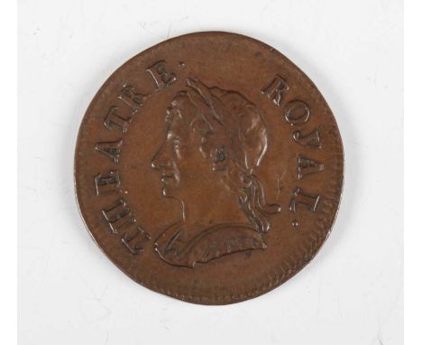 A rare Theatre Royal, Drury Lane, London, copper ticket medallion by John Roettier, obverse with laureate bust of Charles II 
