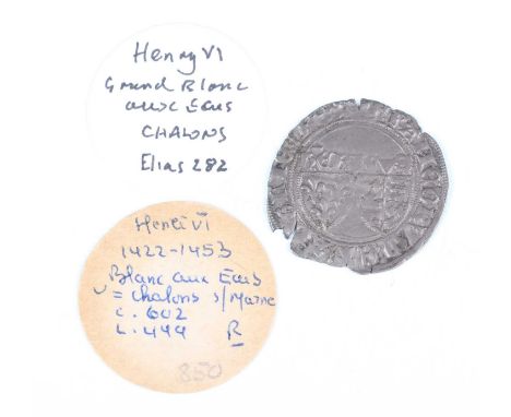 A rare French Anglo-Gallic Henry VI hammered silver grand blanc of ten pence 1422-1453, mintmark crescent, Chalons Mint (good