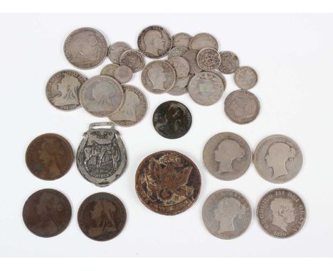 A collection of British and world coins and paranumismatic collectables, including a George III half-crown 1819, three variou
