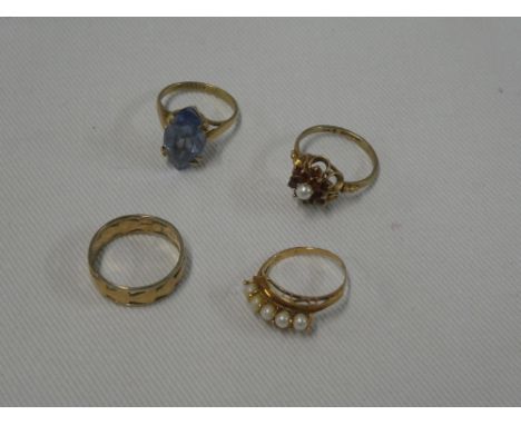 Two various 9ct gold dress rings including pearl and garnet; 9ct gold rose and white gold wedding band and one other dress ri