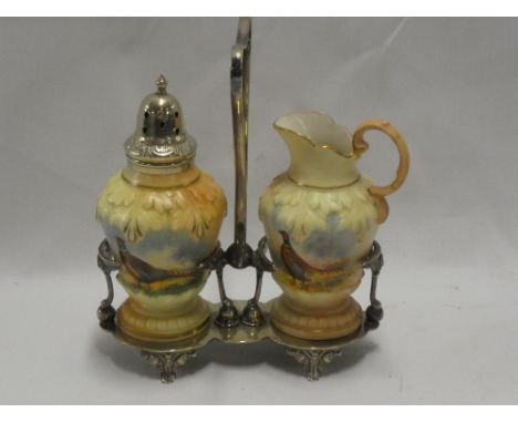 A Worcester Locke &amp; Co. china cream jug and sugar sifter with pheasant decoration by E. Blake on silver-plated stand