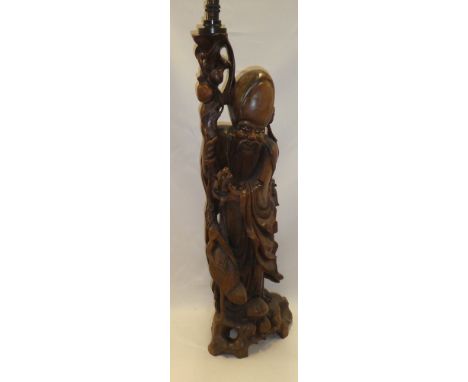 A large Japanese carved wood figure of an elderly bearded male holding a staff, adapted as a table lamp 34" high overall