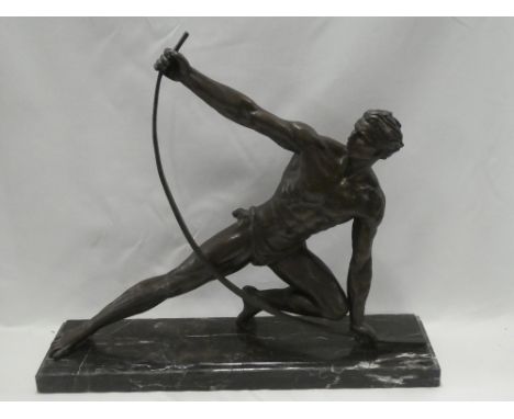 A good quality bronze figure of a semi-nude male athlete on rectangular marble base, 24" long