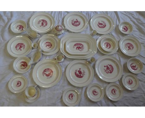 A Copeland Spode china part dinner set with red and white bird decoration comprising six dinner plates, six side plates, six 