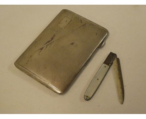 An early 19th century silver bladed pocket knife with mother of pearl mounts and a silver rectangular cigarette case with eng