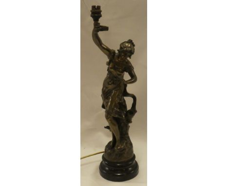 A good quality bronzed spelter figure of a classical female after L Moreau on ebonised circular base, adapted as a table lamp