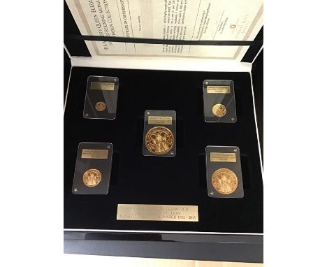 Tristan Da Cunha 5 Coin Gold Proof Set 2015. Quarter Sovereign, Half Sovereign, Sovereign, Double Sovereign, and Five Pounds.