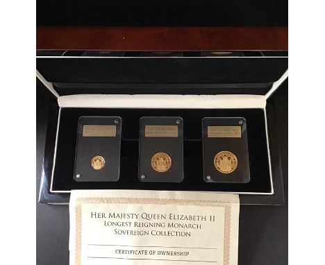 Tristan Da Cunha 3 coin Gold Proof Set 2015, Quarter Sovereign, Half Sovereign and Sovereign ‘Longest Reigning Monarch’ Cased