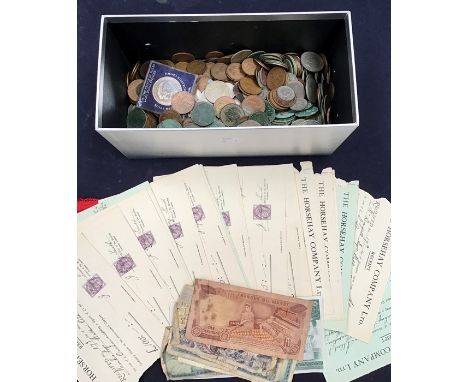 A Box of Coins and World Banknotes and Horsehay Company Ltd Share Raceipts.