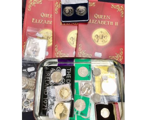 A Tin of Coins Includes 1937 Crown, 1971 Proof Set, £5 x 6, Cased £5 two coin set with certificate, Gold Plated Coins (3 fold