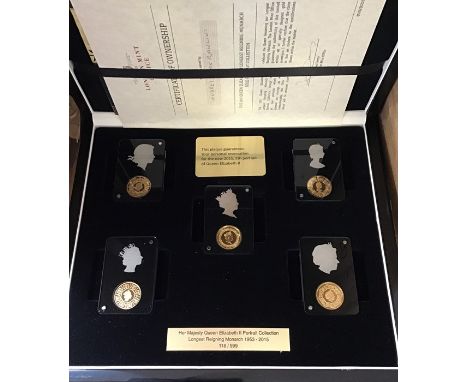 Tristan Da Cunha 5 Coin Gold Proof Sovereign Set 2015, ‘Longest Reigning Monarch’ Cased with certificate. London mint office.