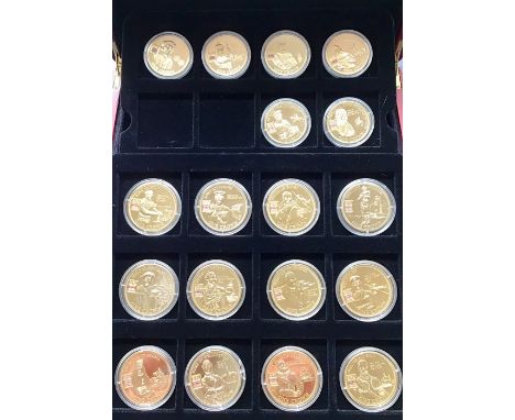 Tristan Da Cunha 18 Coin Set of Proof Gold plated 2010 one Crowns in a wooden presentation box.