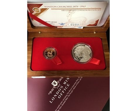 South Africa 2 coin Winston Churchill set of Quarter Gold Proof Krugerrand 2015 and a 1 oz Silver medallion cased as issued w