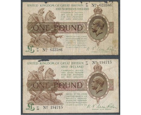 Warren-Fisher Treasury note pair of one pound (£1) notes with 1923 (6 Feb) N1/39 194715 and 1927 (25 July) First series S1/51