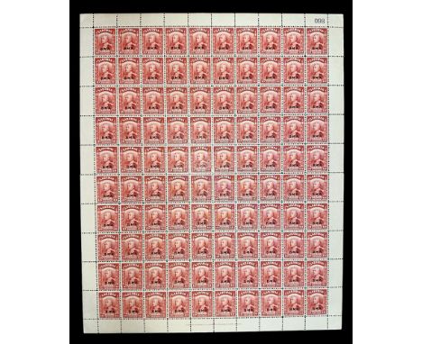 Sarawak, 1945 BMA (British Military Administration) overprint 10c scarlet sheet of 100 UM. (SG 133), Cat. £225. Sheet numbere