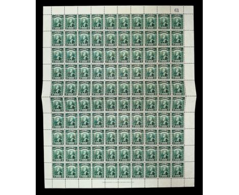 Sarawak, 1945 BMA (British Military Administration) overprint 3c green sheet of 100 UM. (SG 128), Cat. £125. Sheet numbered 6