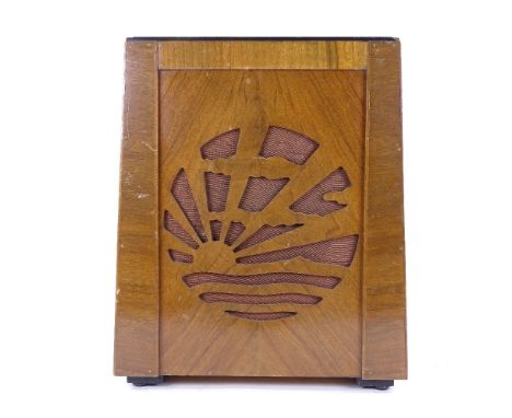 A 1920s wood body speaker with sunset front grille, by British Pye, height 17" 