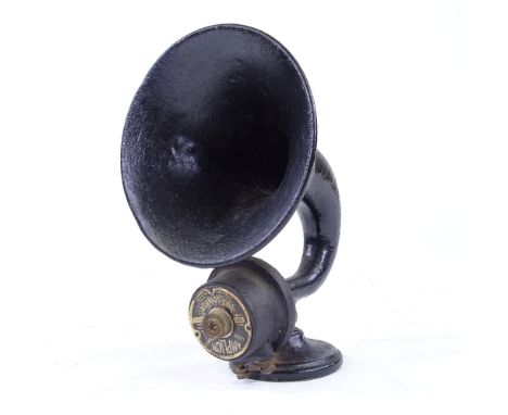 An Amplion dragonfly speaker in black metal, height 8.5"