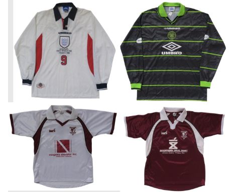 A Celtic 1998-99 long-sleeved away shirt, numbered 36, signed, size XL; an England FIFA World Cup France 1998 long-sleeved sh