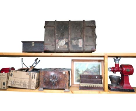 A large mixed lot to include Hobart coffee grinder (def), two framed prints, desk tidy, copper coal depot, three boxes of ass