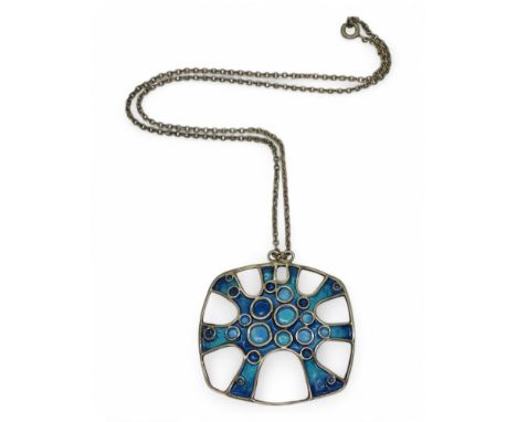 A Norman Grant silver pendant, enamelled in shades of blue. Fully hallmarked NG with Edinburgh hallmarks for 1976. Dimensions