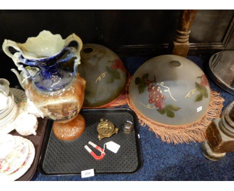 A pair of glass ceiling shades, a pottery vase, pocket compass etc Condition Report:Available upon request