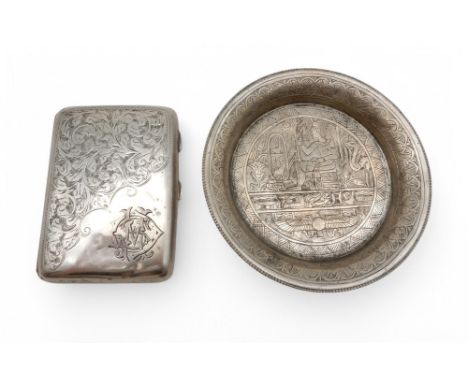 An Egyptian silver dish, Tanta 1927, and a silver cigarette case by Adie &amp; Lovekin, Birmingham 1915, engraved to the inte