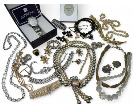 A Christian Dior rope chain signed and original Dior Bijoux box, a long clear gem set necklace, vintage beads and necklaces, 