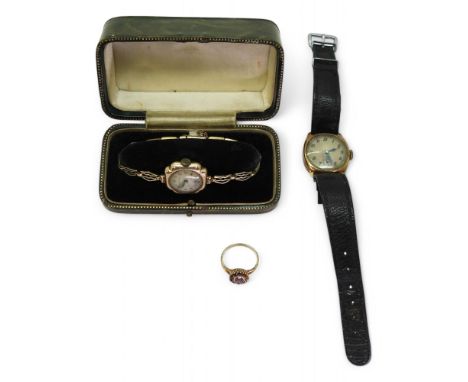 A 9ct rose gold ladies watch the case stamped Rolex, with Unicorn dial, together with a 9ct ladies watch and a 9ct gold and g