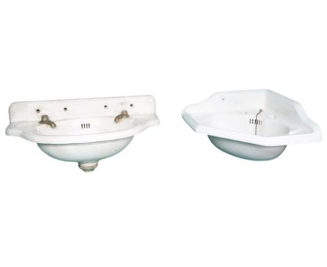 A lot comprising a Victorian stoneware corner sink with hanging bracket, 30cm high x 63cm wide x 50cm deep and another bathro