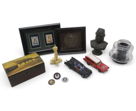 A mixed lot, comprising a glass ink bottle stand and spelter bust commemorating General Gordon; Robert Burns collectables, to