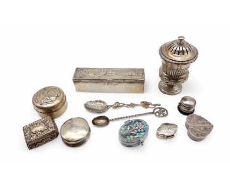 A collection of silver including a Dutch silver box, with London import marks for Berthold Muller, a Georgian silver pepper p